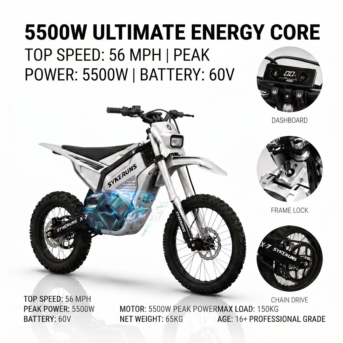 Sykeruns X7 5500W Electric Motorcycle 56MPH Off Road E-moto 60V 27Ah Removable Battery Adult Dirt Bike Pit Bike US Fast Ship