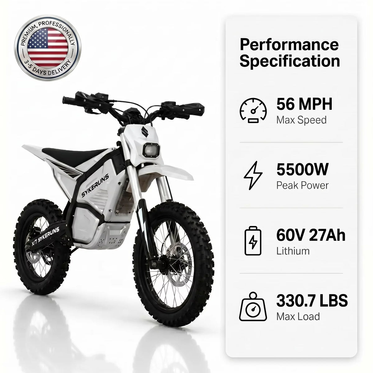 Sykeruns X7 5500W Electric Motorcycle 56MPH Off Road E-moto 60V 27Ah Removable Battery Adult Dirt Bike Pit Bike US Fast Ship