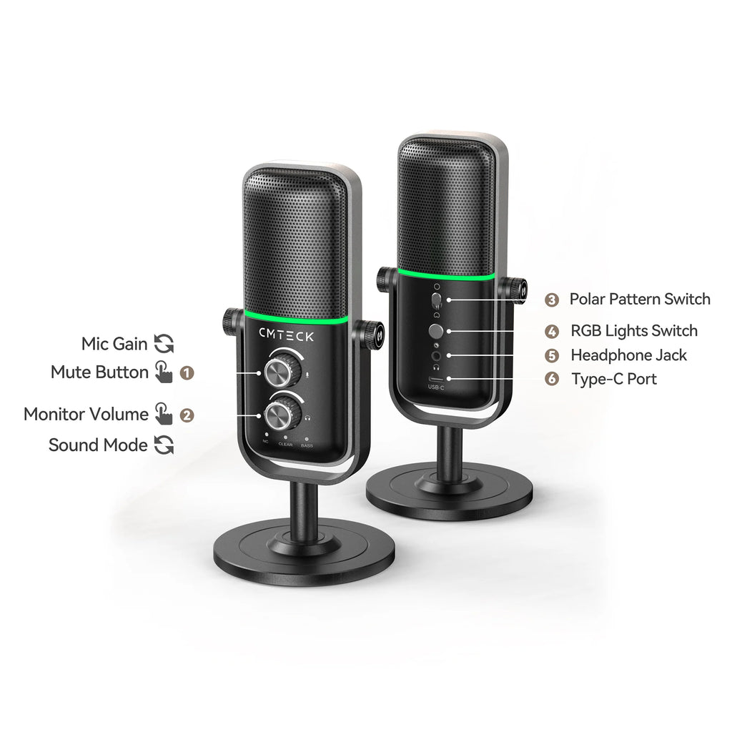 CMTECK XM600 RGB Light Condenser USB Gaming Mic Desktop Professional Recording Studio Microphone with Stand for Computer Laptop