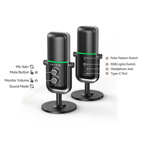 CMTECK XM600 RGB Light Condenser USB Gaming Mic Desktop Professional Recording Studio Microphone with Stand for Computer Laptop