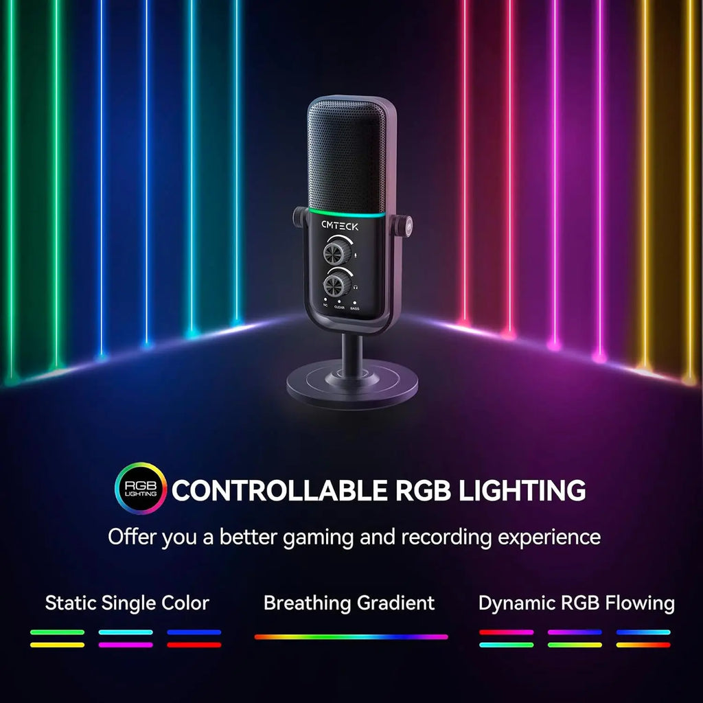 CMTECK XM600 RGB Light Condenser USB Gaming Mic Desktop Professional Recording Studio Microphone with Stand for Computer Laptop