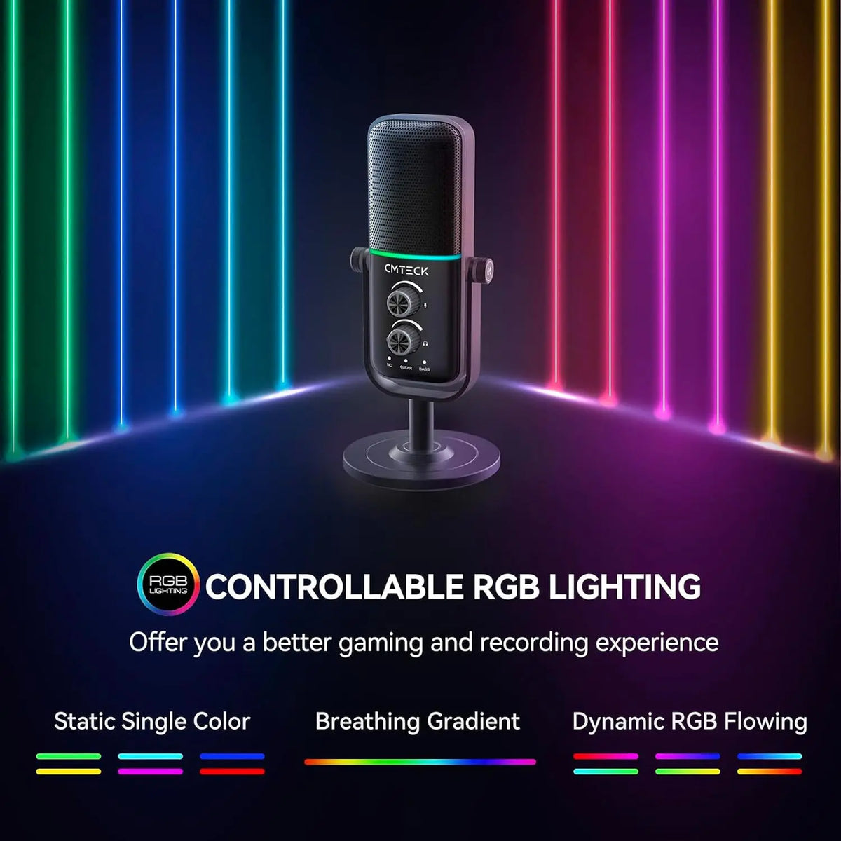 CMTECK XM600 RGB Light Condenser USB Gaming Mic Desktop Professional Recording Studio Microphone with Stand for Computer Laptop
