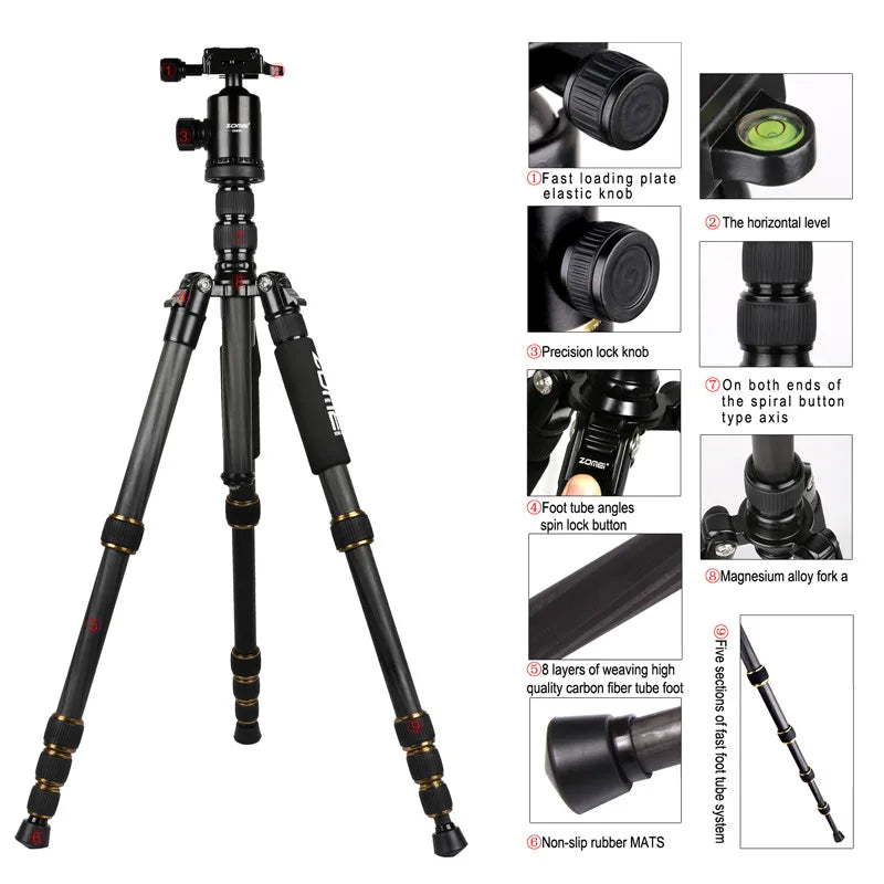 Zomei Z669C Lightweight Carbon Fiber Folding Travel Digital Professional Camera Tripod